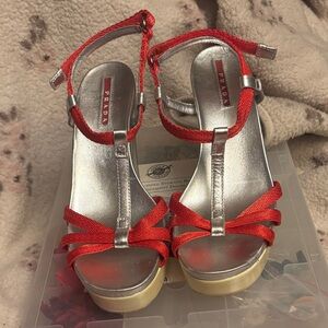 Retired style, 
Prada Red and Silver T-Strap Platform Sandals